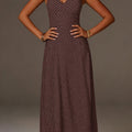 Coffee Polka Dot Halter Maxi Dress With Smocked Bodice And Deep V Neckline For Women