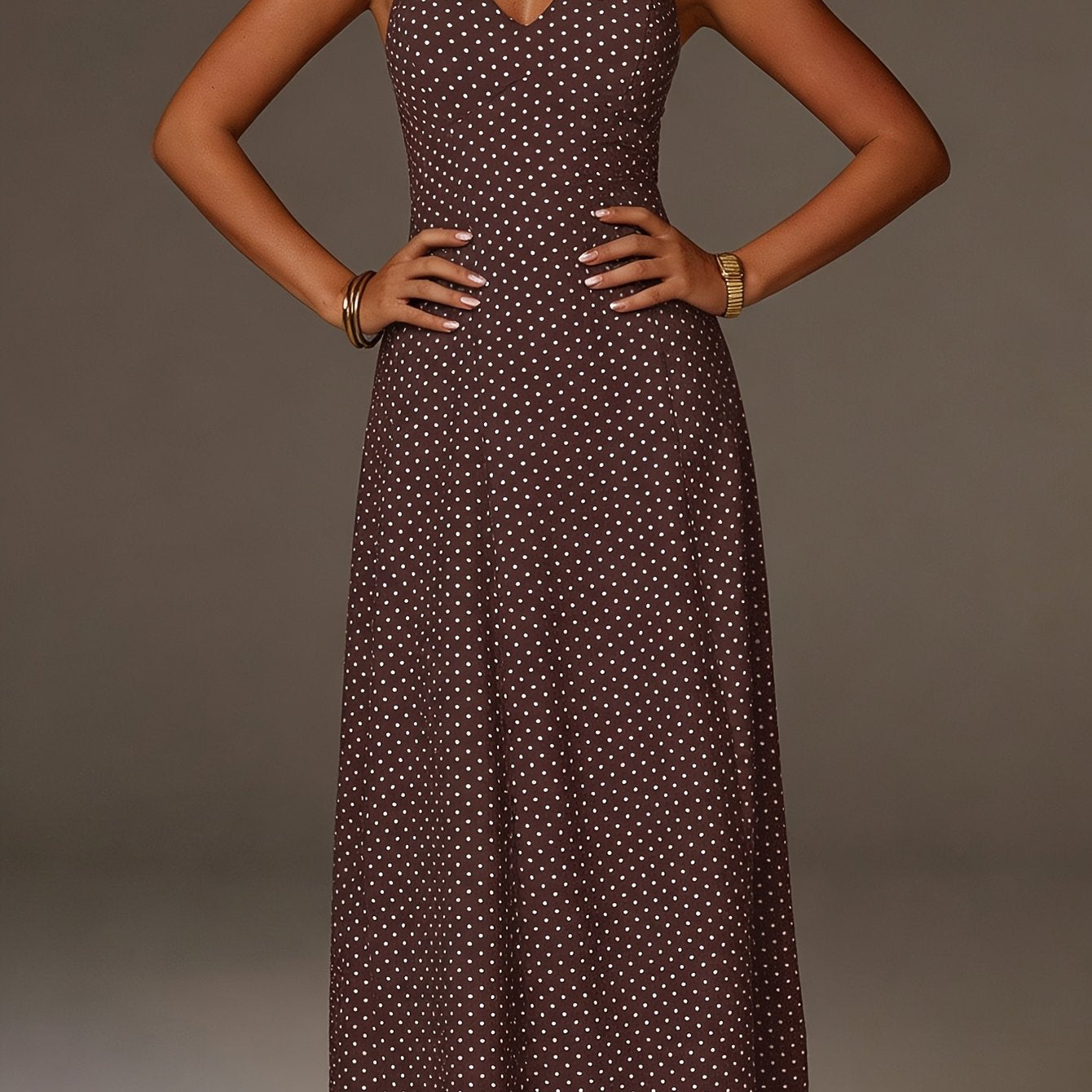 Coffee Polka Dot Halter Maxi Dress With Smocked Bodice And Deep V Neckline For Women