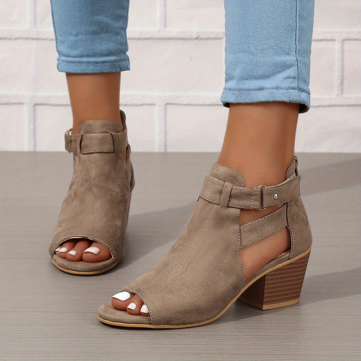 Women's Block Heel Sandals With Peep Toe, Cutout Ankle Design, And Buckle Strap