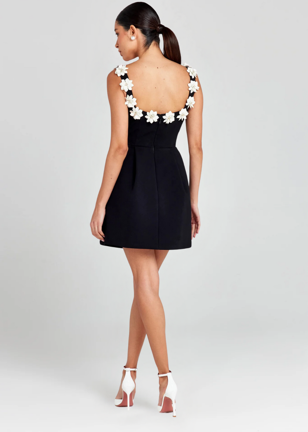 Women's Floral Appliqué Strap Mini Dress Featuring A Flared Skirt