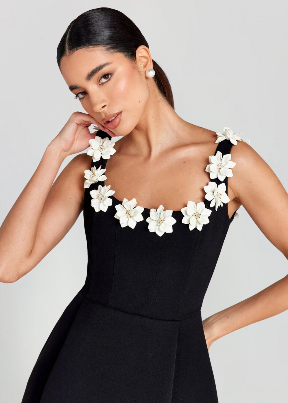 Women's Floral Appliqué Strap Mini Dress Featuring A Flared Skirt