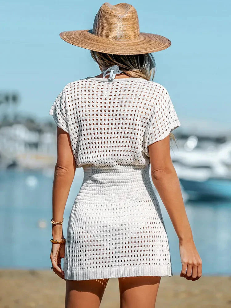 Women's Crochet Eyelet Mini Dress With V-Neck Button Detailing And Short Sleeves