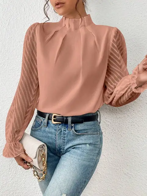 Women's Blouse Frill Mock-Neck Sheer Chevron Sleeve Pleated Top Frill Mock-Neck Sleeve