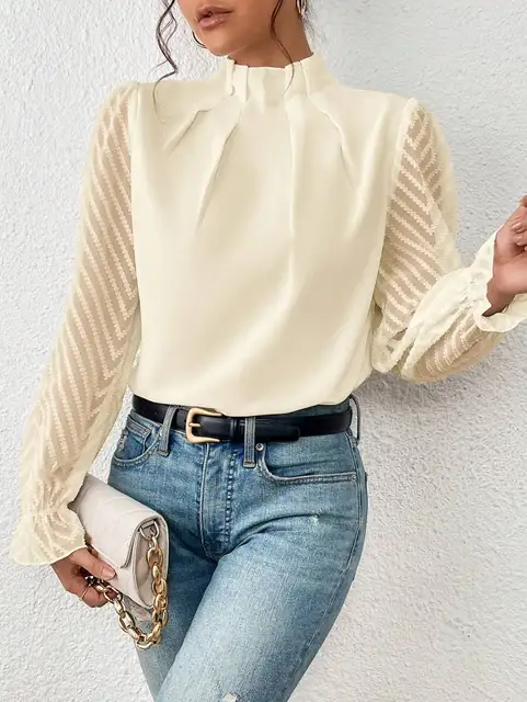 Women's Blouse Frill Mock-Neck Sheer Chevron Sleeve Pleated Top Frill Mock-Neck Sleeve