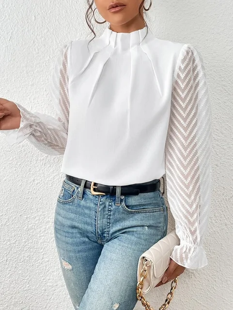 Women's Blouse Frill Mock-Neck Sheer Chevron Sleeve Pleated Top Frill Mock-Neck Sleeve