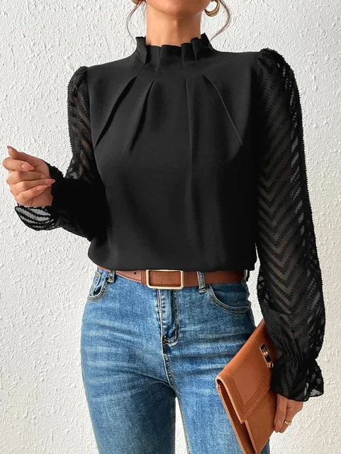 Women's Blouse Frill Mock-Neck Sheer Chevron Sleeve Pleated Top Frill Mock-Neck Sleeve