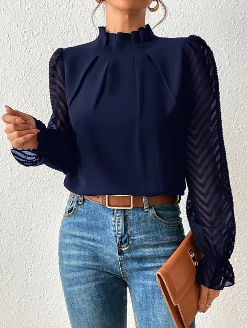 Women's Blouse Frill Mock-Neck Sheer Chevron Sleeve Pleated Top Frill Mock-Neck Sleeve