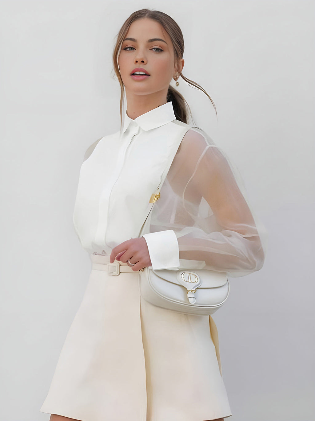 Elegant Everyday Women's Button Front Blouse With Collar And Sheer Long Sleeves Versatile