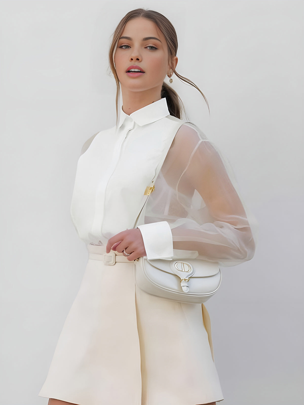 Elegant Everyday Women's Button Front Blouse With Collar And Sheer Long Sleeves Versatile