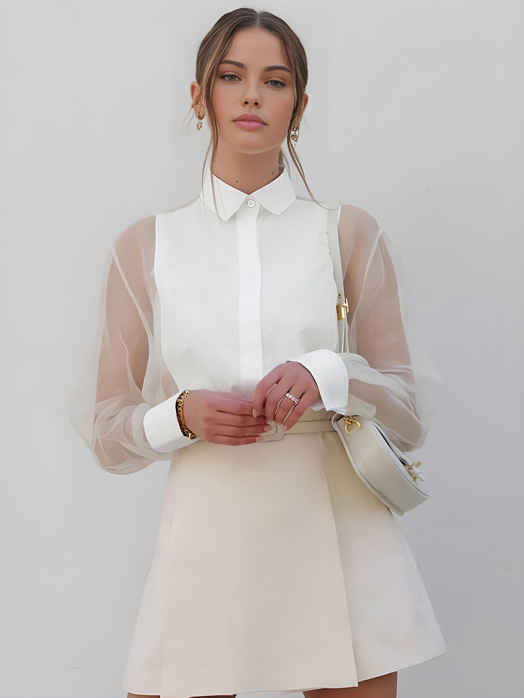 Elegant Everyday Women's Button Front Blouse With Collar And Sheer Long Sleeves Versatile