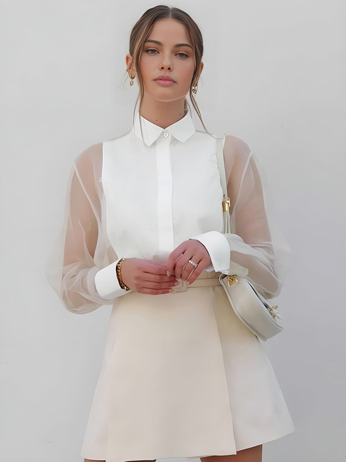 Elegant Everyday Women's Button Front Blouse With Collar And Sheer Long Sleeves Versatile