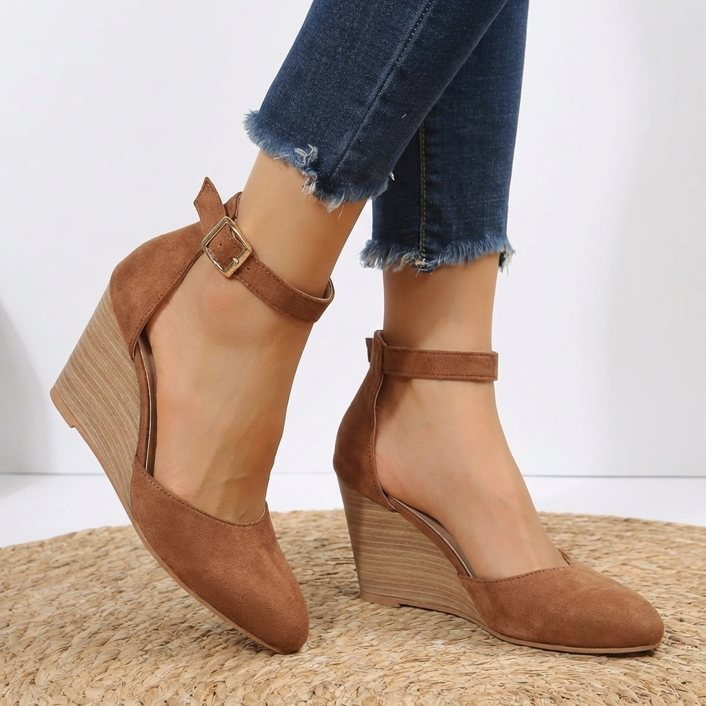 Women's Wedge Heels With Pointed Toe, Ankle Strap, And Buckle Fastening For Everyday Wear