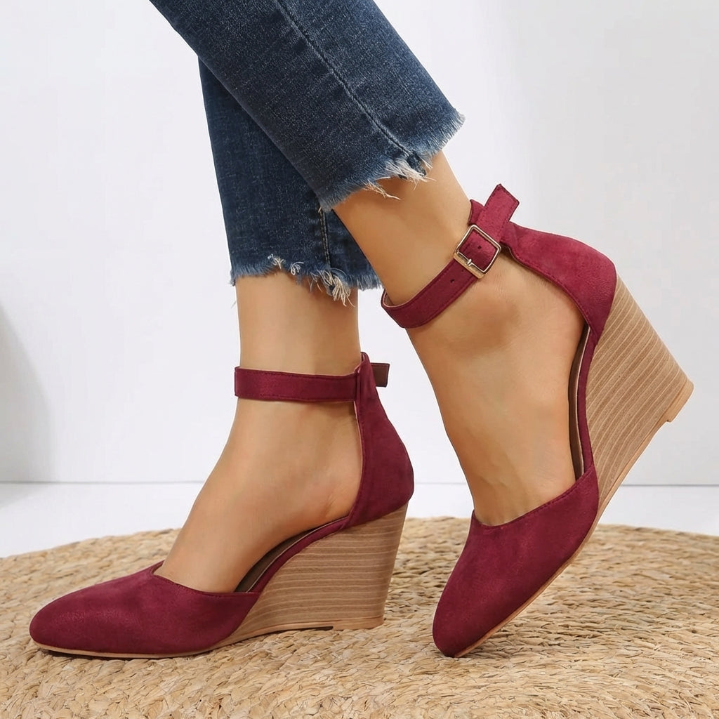 Women's Wedge Heels With Pointed Toe, Ankle Strap, And Buckle Fastening For Everyday Wear