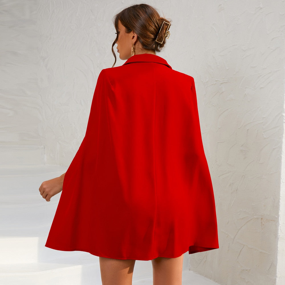 Cape Blazer Mini Dress With Belt And Gold Button Detail For Modern Everyday Wear And Events