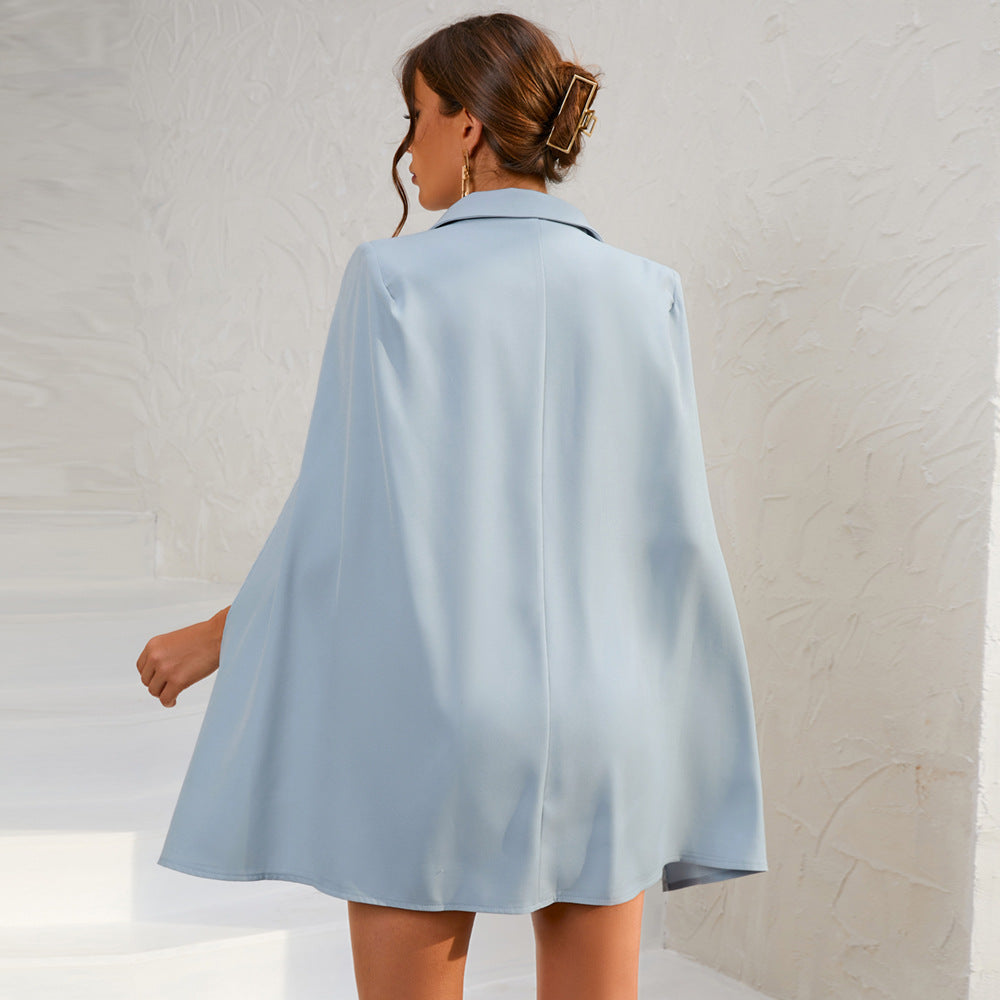 Cape Blazer Mini Dress With Belt And Gold Button Detail For Modern Everyday Wear And Events