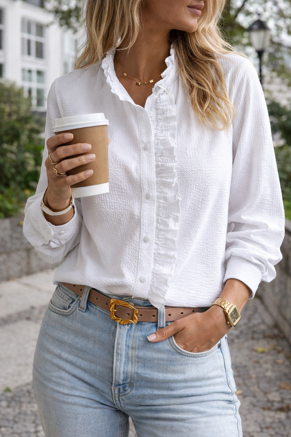 Women's Blouse With Ruffle Detail On Button Front And Long Sleeve Style For Everyday Wear