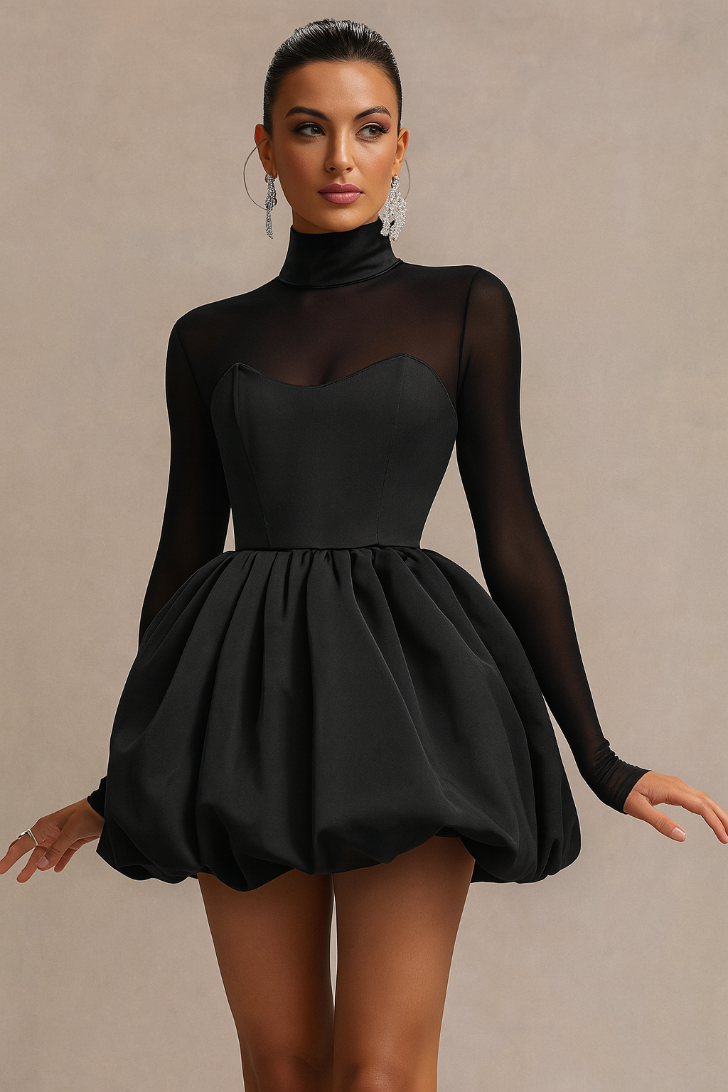 Women's High Neck Long Sleeve Mini Dress With Sculpted Puff Skirt And Refined Silhouette