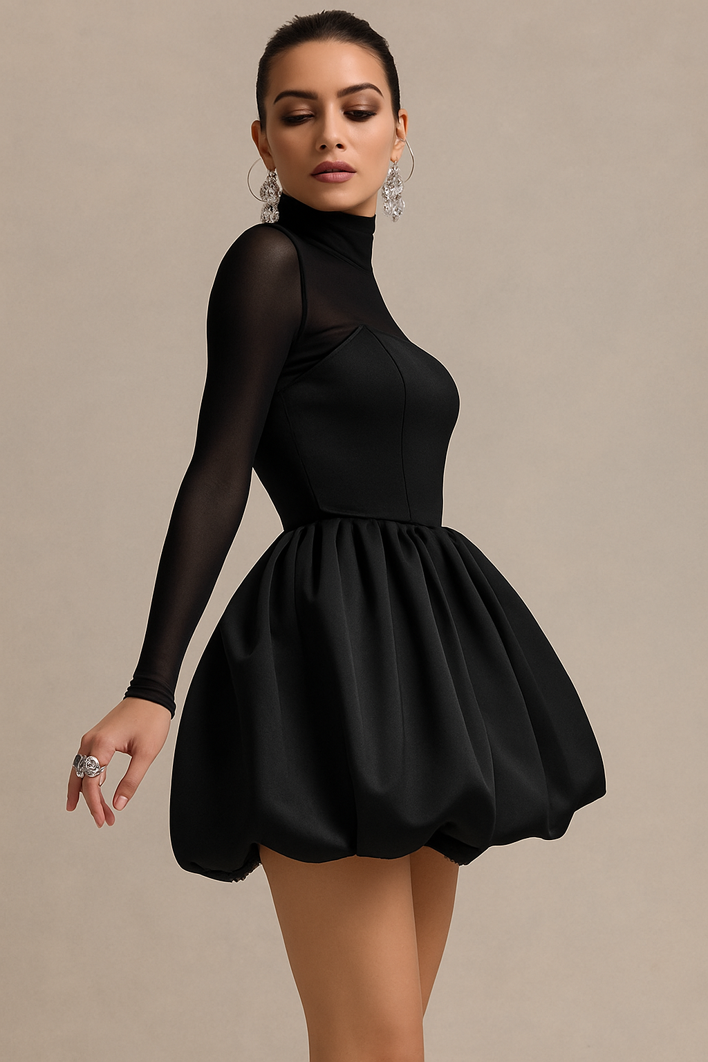 Women's High Neck Long Sleeve Mini Dress With Sculpted Puff Skirt And Refined Silhouette