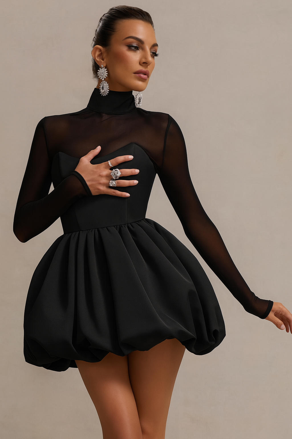 Women's High Neck Long Sleeve Mini Dress With Sculpted Puff Skirt And Refined Silhouette