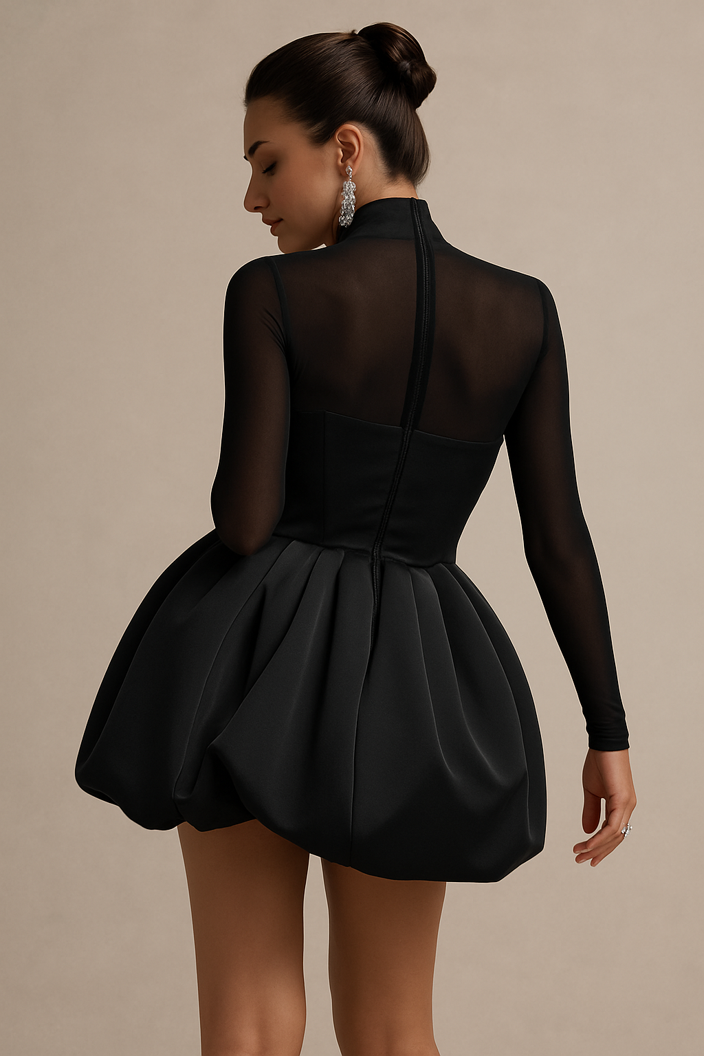 Women's High Neck Long Sleeve Mini Dress With Sculpted Puff Skirt And Refined Silhouette