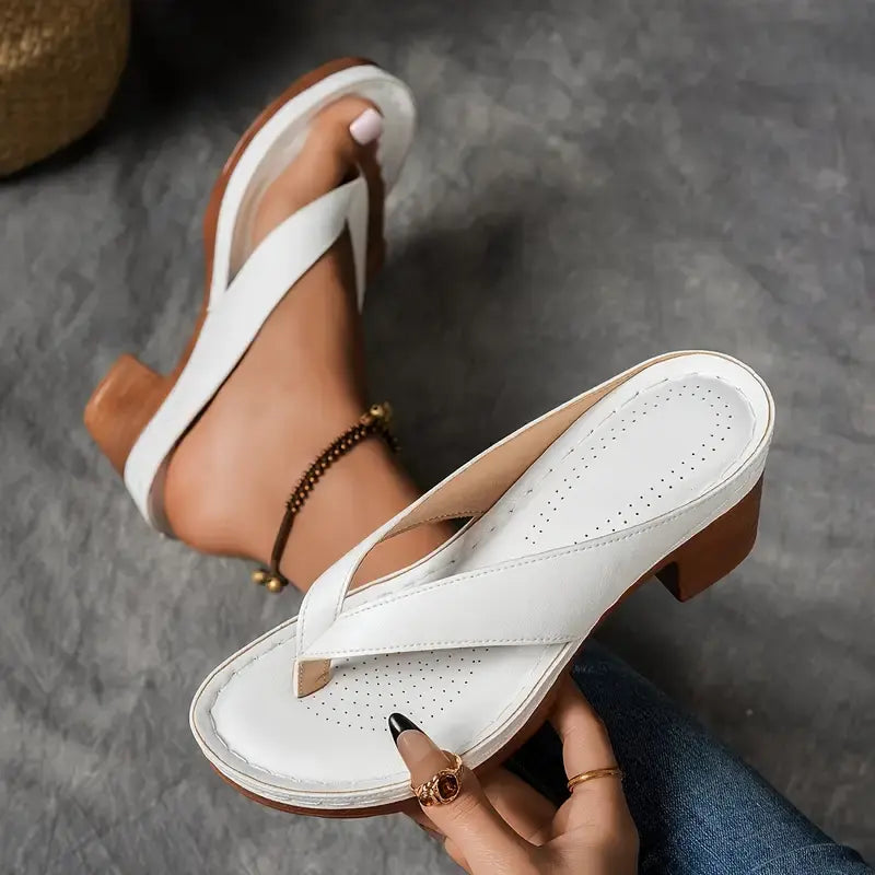 Women's V-Strap Thong Platform Sandals With Classic Block Heels And Toe Post Design