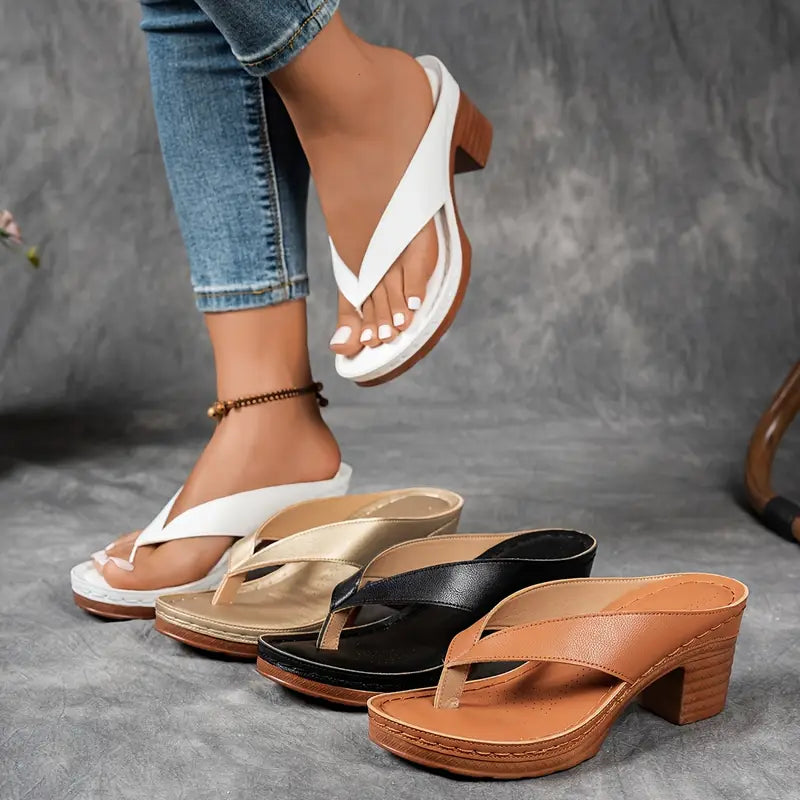 Women's V-Strap Thong Platform Sandals With Classic Block Heels And Toe Post Design