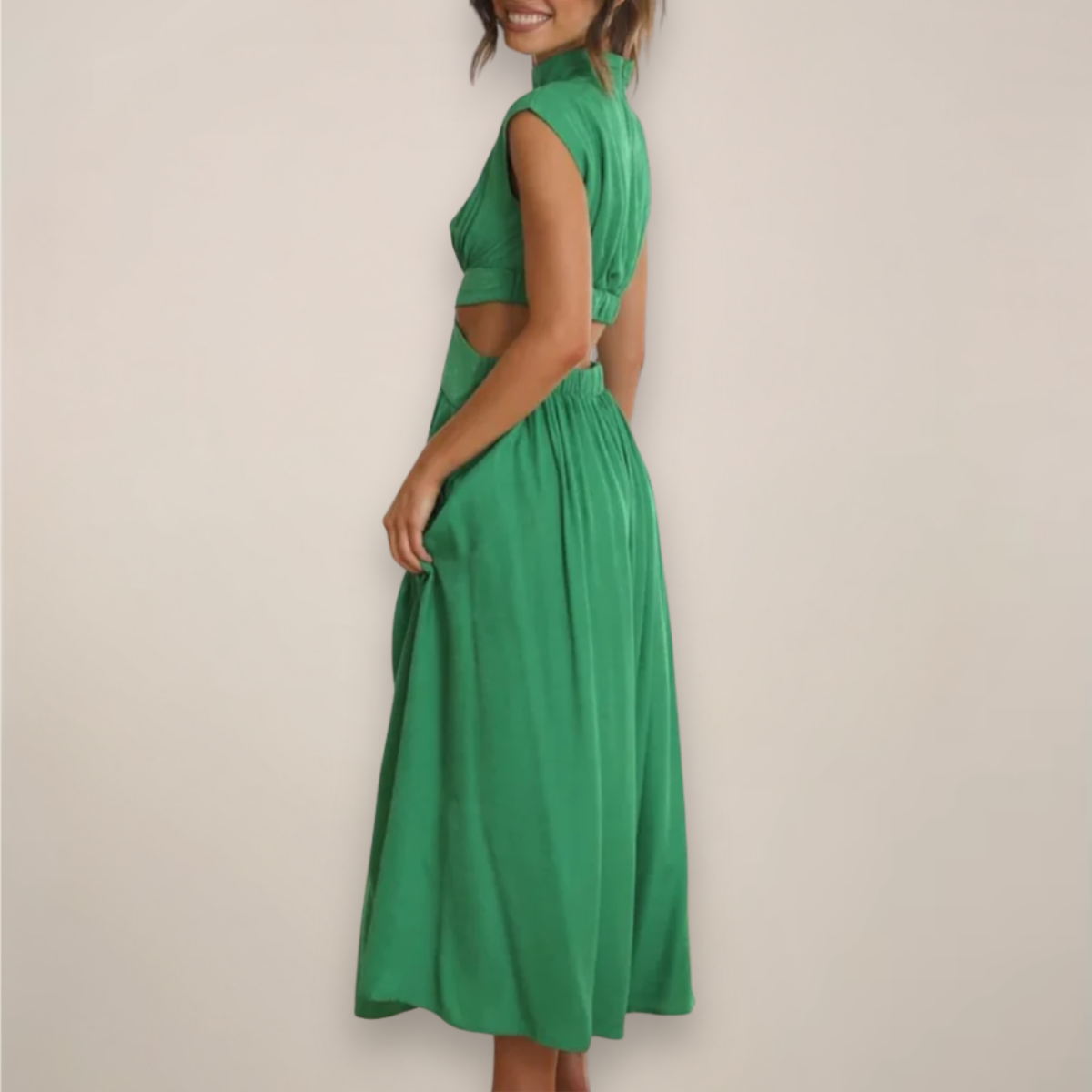 Elegant Maxi Dress With Cap Sleeves And Cutout Waist For Day And Evening Attire Or Occasions