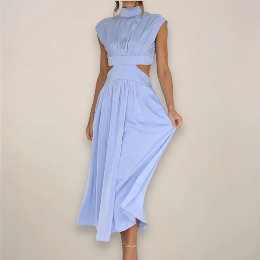 Elegant Maxi Dress With Cap Sleeves And Cutout Waist For Day And Evening Attire Or Occasions