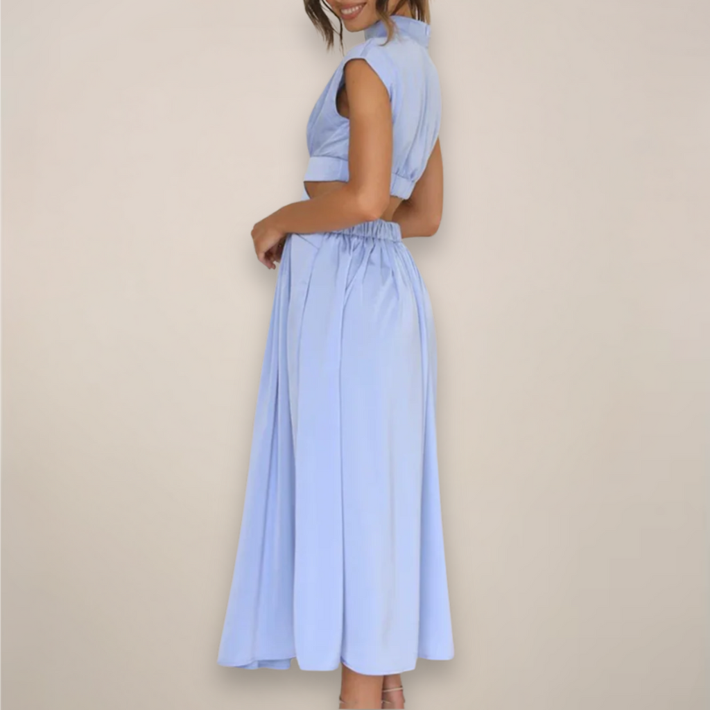 Elegant Maxi Dress With Cap Sleeves And Cutout Waist For Day And Evening Attire Or Occasions