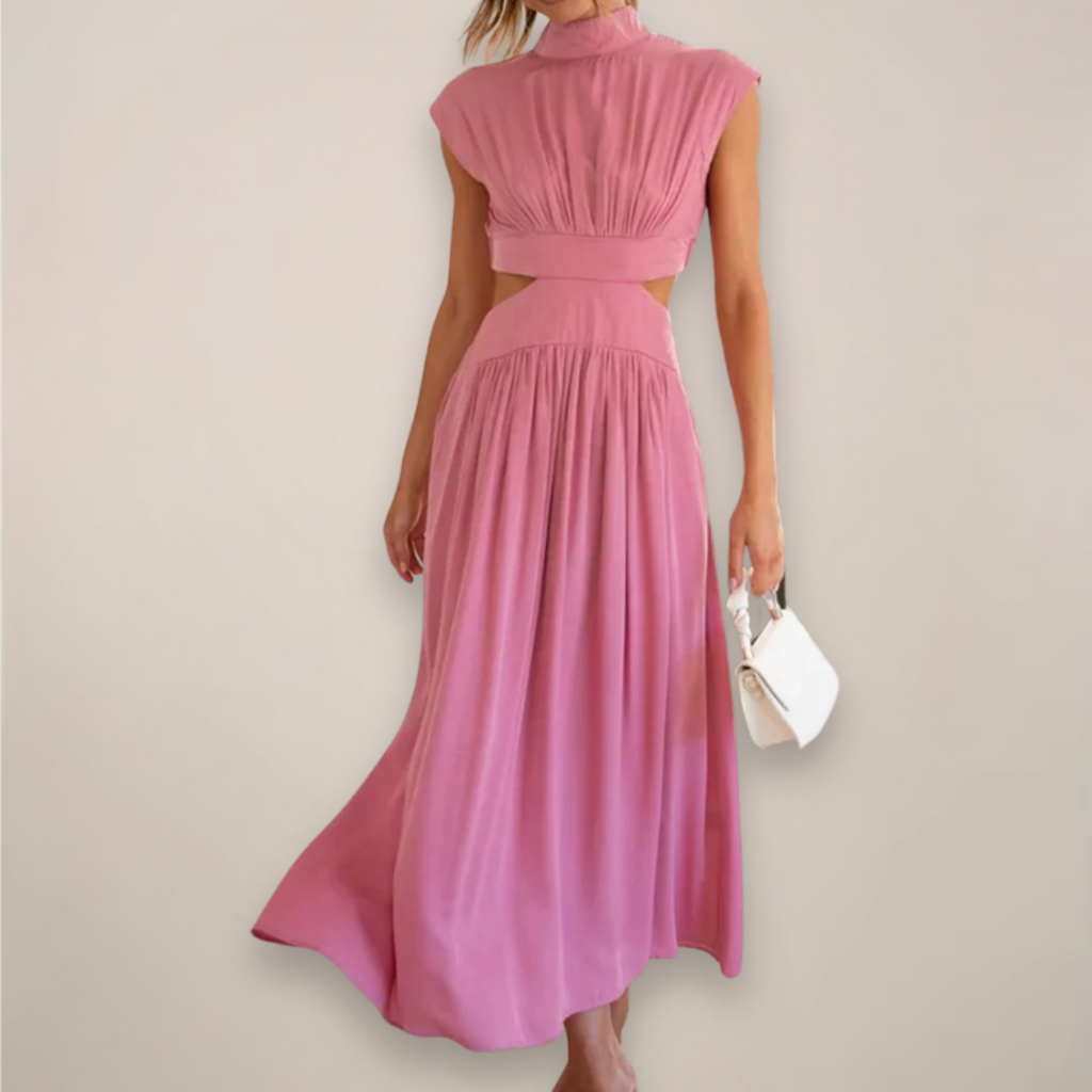 Elegant Maxi Dress With Cap Sleeves And Cutout Waist For Day And Evening Attire Or Occasions