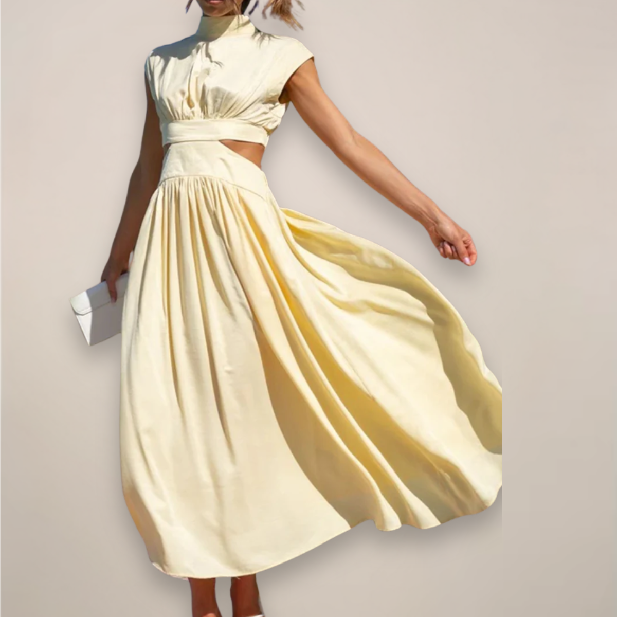 Elegant Maxi Dress With Cap Sleeves And Cutout Waist For Day And Evening Attire Or Occasions