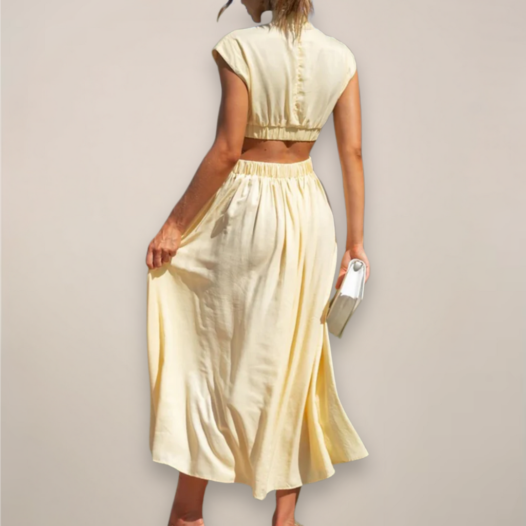 Elegant Maxi Dress With Cap Sleeves And Cutout Waist For Day And Evening Attire Or Occasions