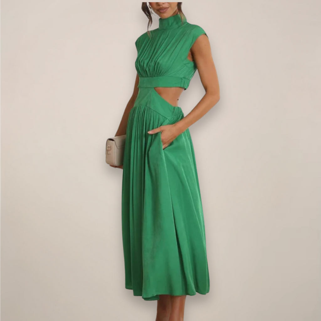 Elegant Maxi Dress With Cap Sleeves And Cutout Waist For Day And Evening Attire Or Occasions