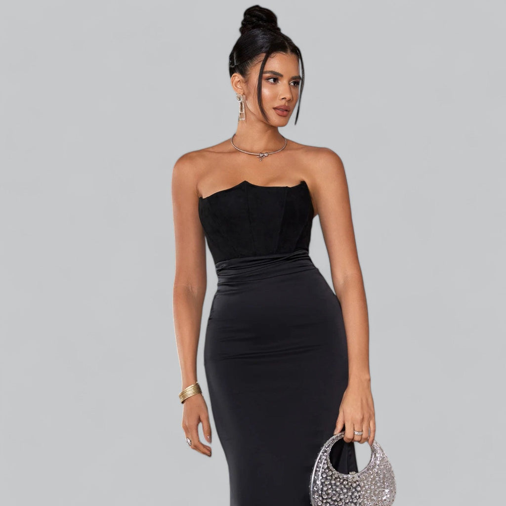 Elegant Velvet Strapless Corset Maxi Dress, Velvet Strapless Corset Dress, Elegant Maxi Dress