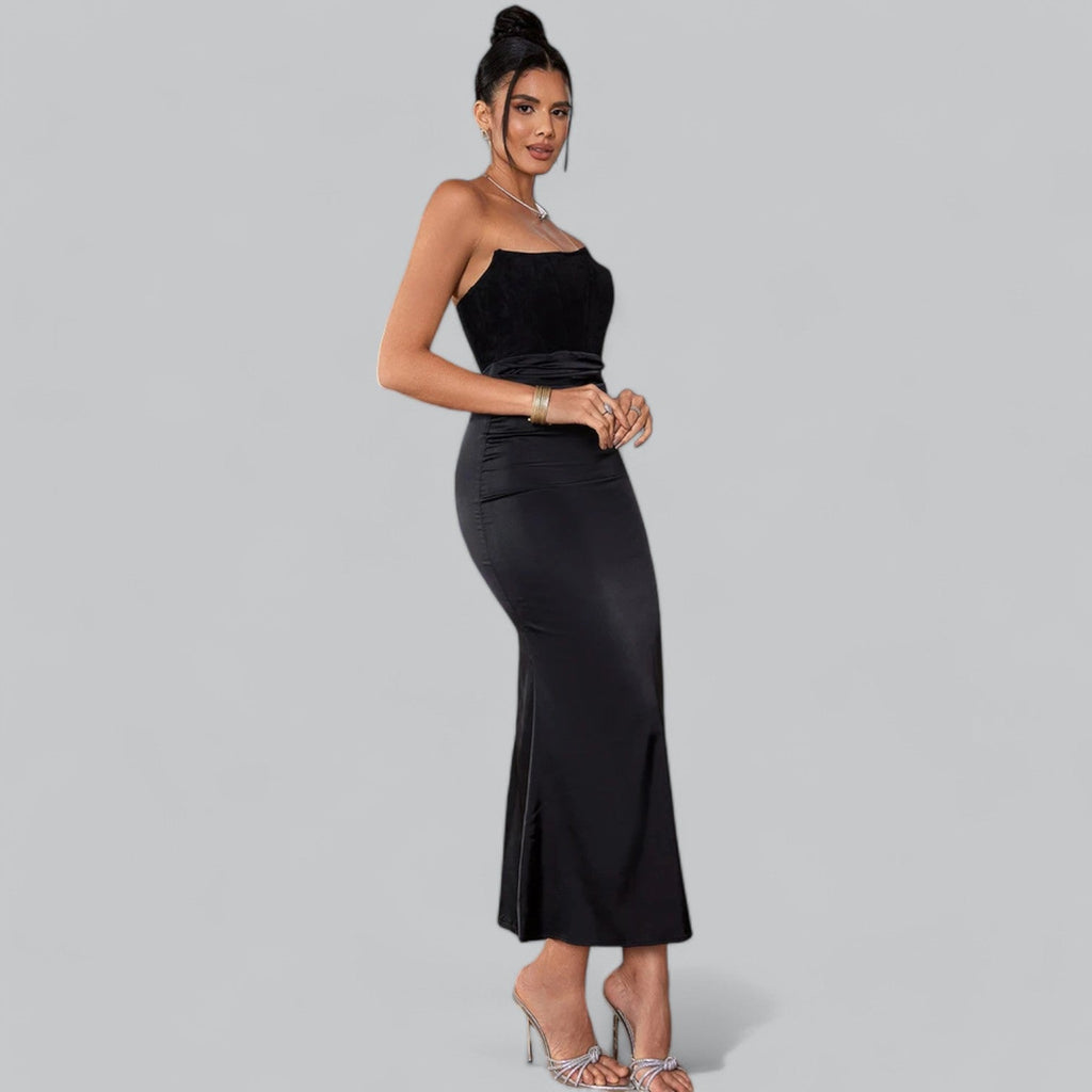 Elegant Velvet Strapless Corset Maxi Dress, Velvet Strapless Corset Dress, Elegant Maxi Dress
