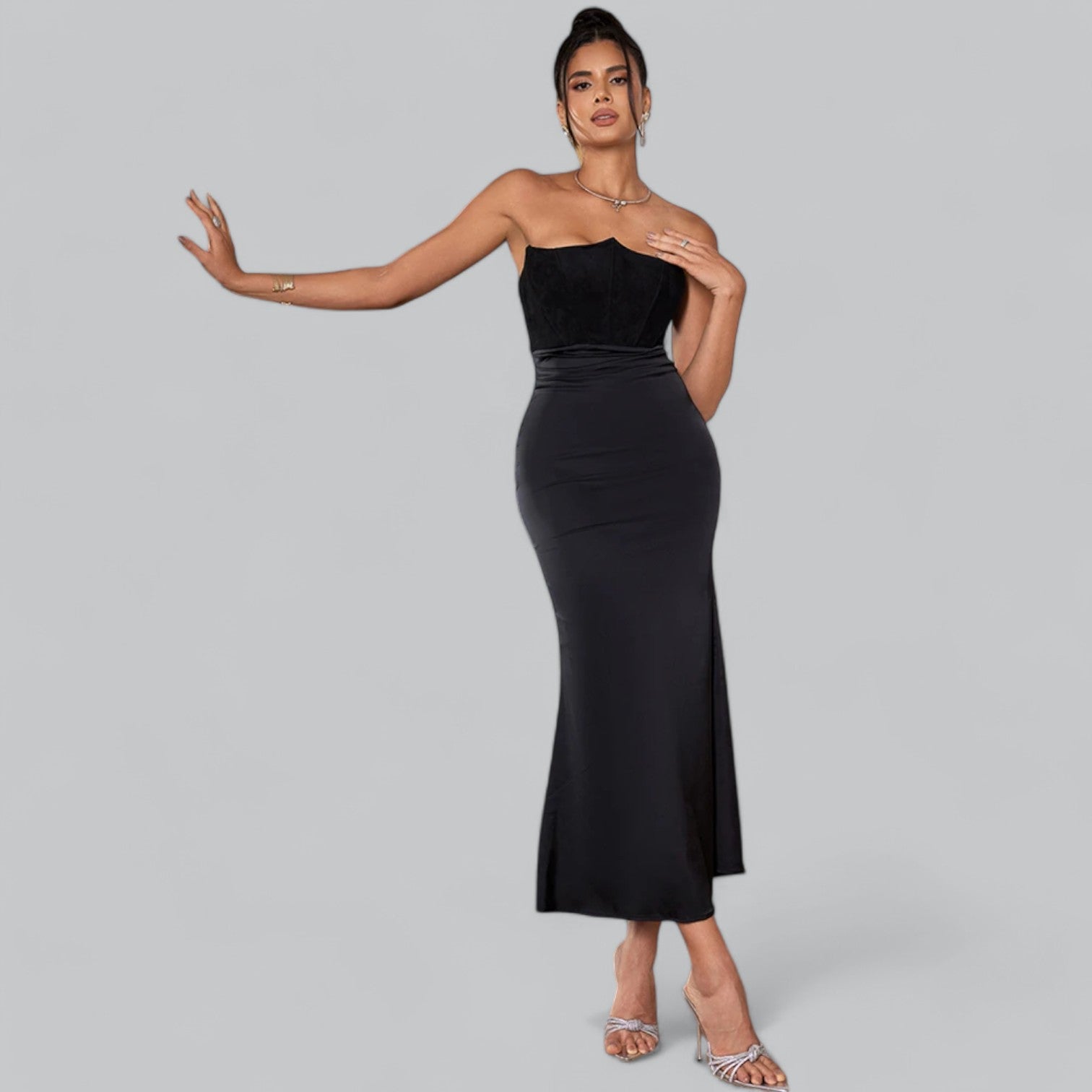 Elegant Velvet Strapless Corset Maxi Dress, Velvet Strapless Corset Dress, Elegant Maxi Dress