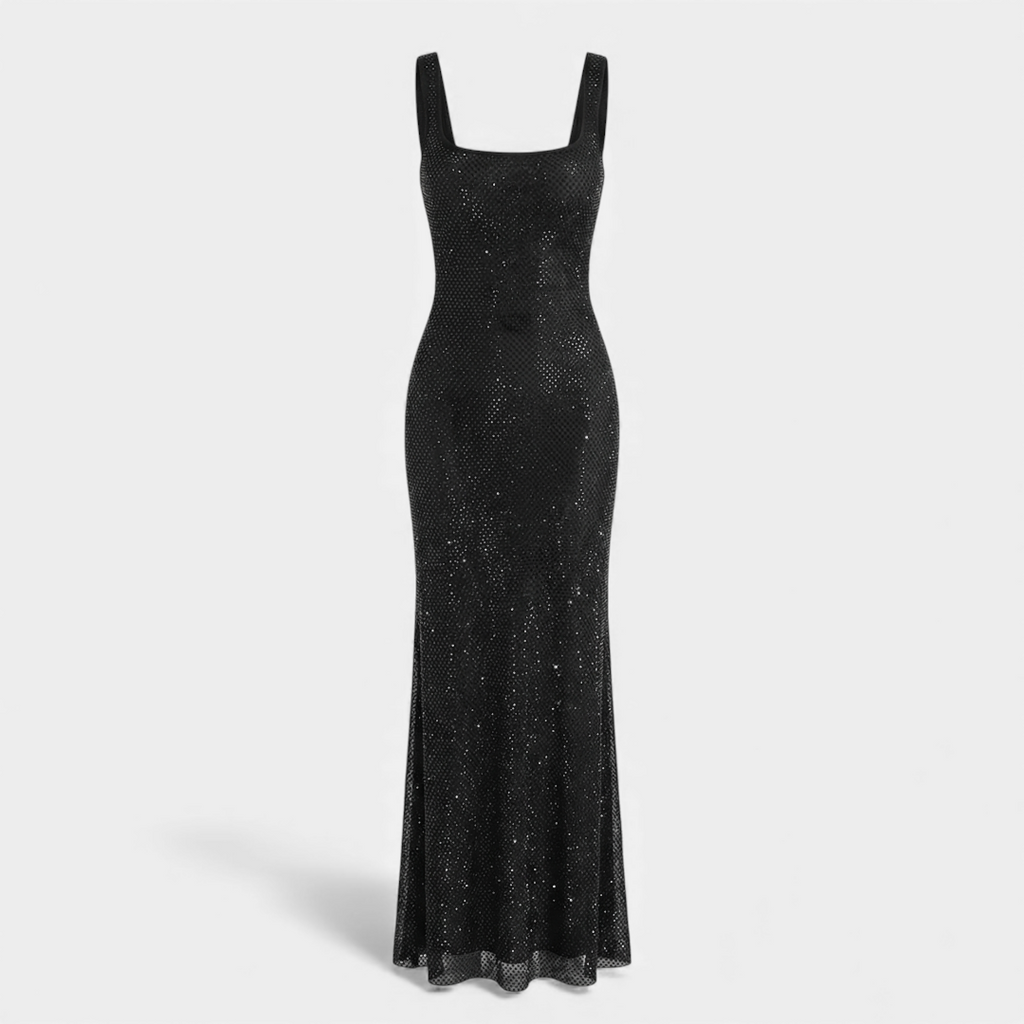 For Women Embellished Sleeveless Maxi Dress With Square Neckline, Low Back, And Allover Detailing