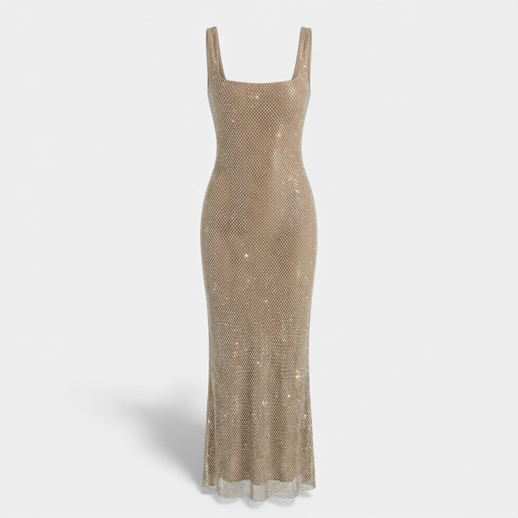 For Women Embellished Sleeveless Maxi Dress With Square Neckline, Low Back, And Allover Detailing