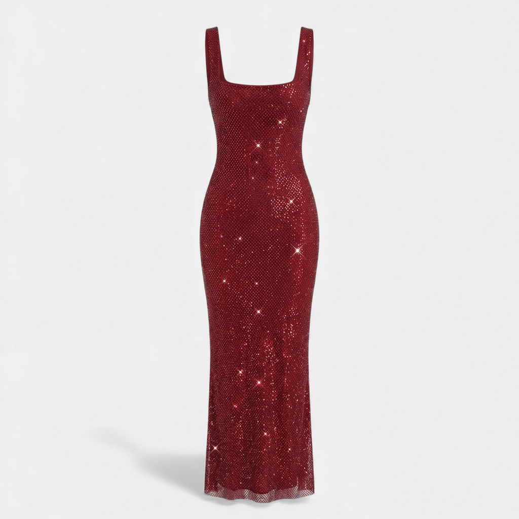 For Women Embellished Sleeveless Maxi Dress With Square Neckline, Low Back, And Allover Detailing