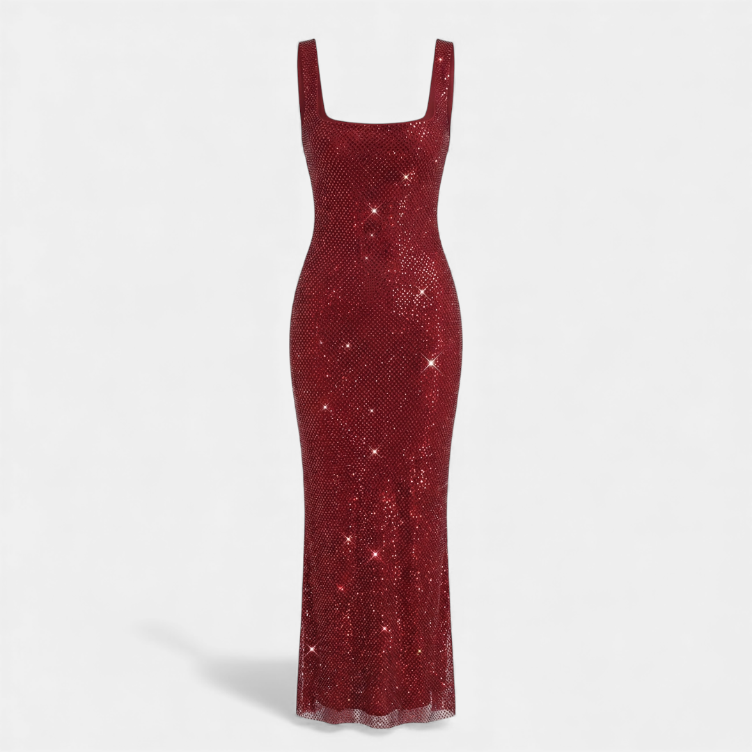 For Women Embellished Sleeveless Maxi Dress With Square Neckline, Low Back, And Allover Detailing