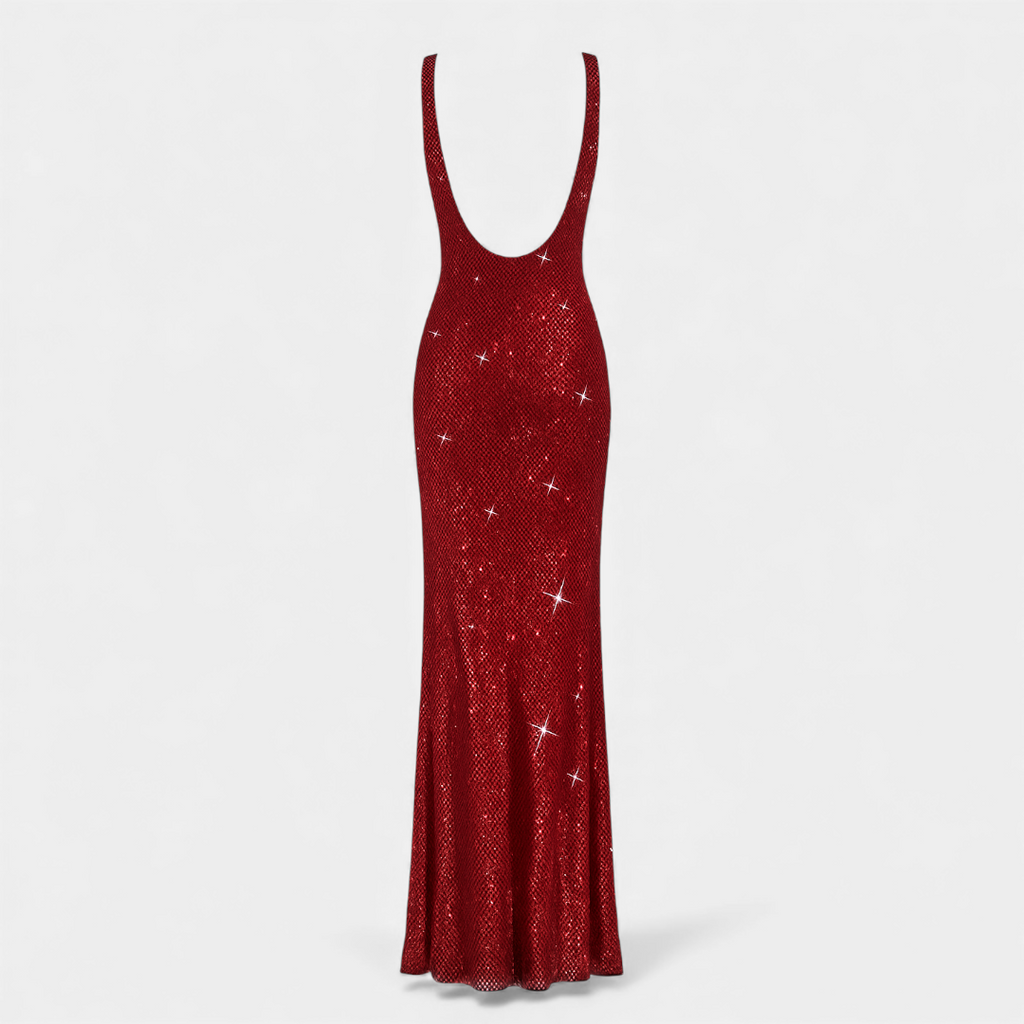 For Women Embellished Sleeveless Maxi Dress With Square Neckline, Low Back, And Allover Detailing