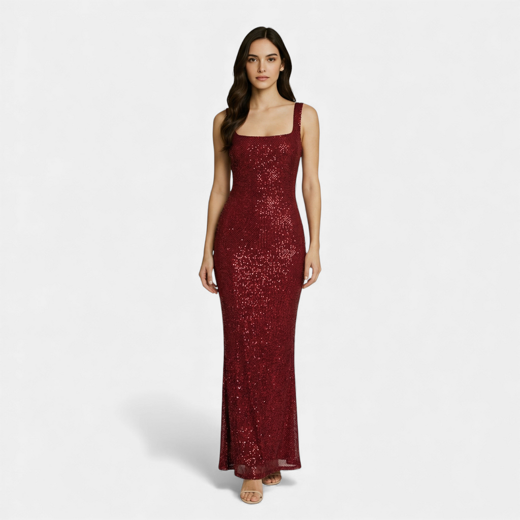 For Women Embellished Sleeveless Maxi Dress With Square Neckline, Low Back, And Allover Detailing