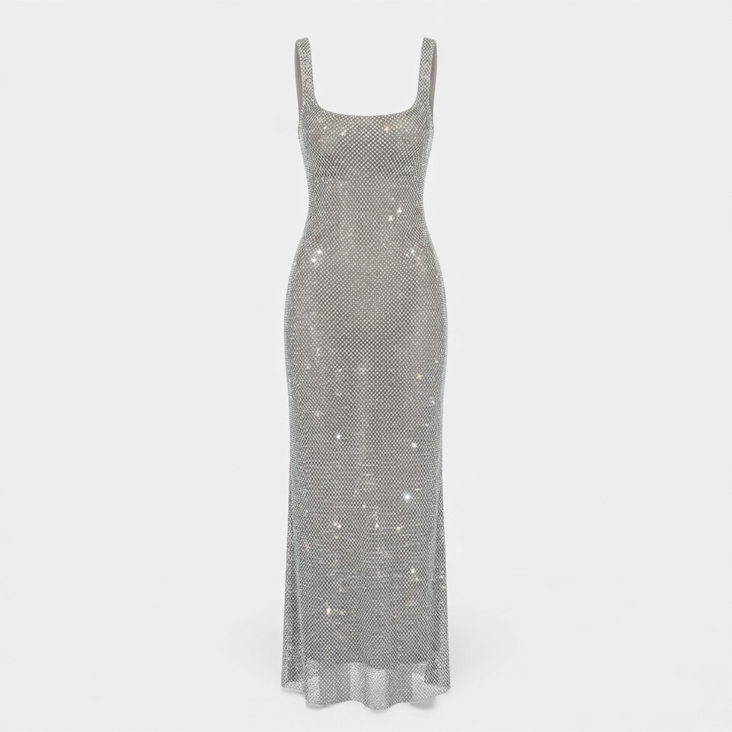 For Women Embellished Sleeveless Maxi Dress With Square Neckline, Low Back, And Allover Detailing