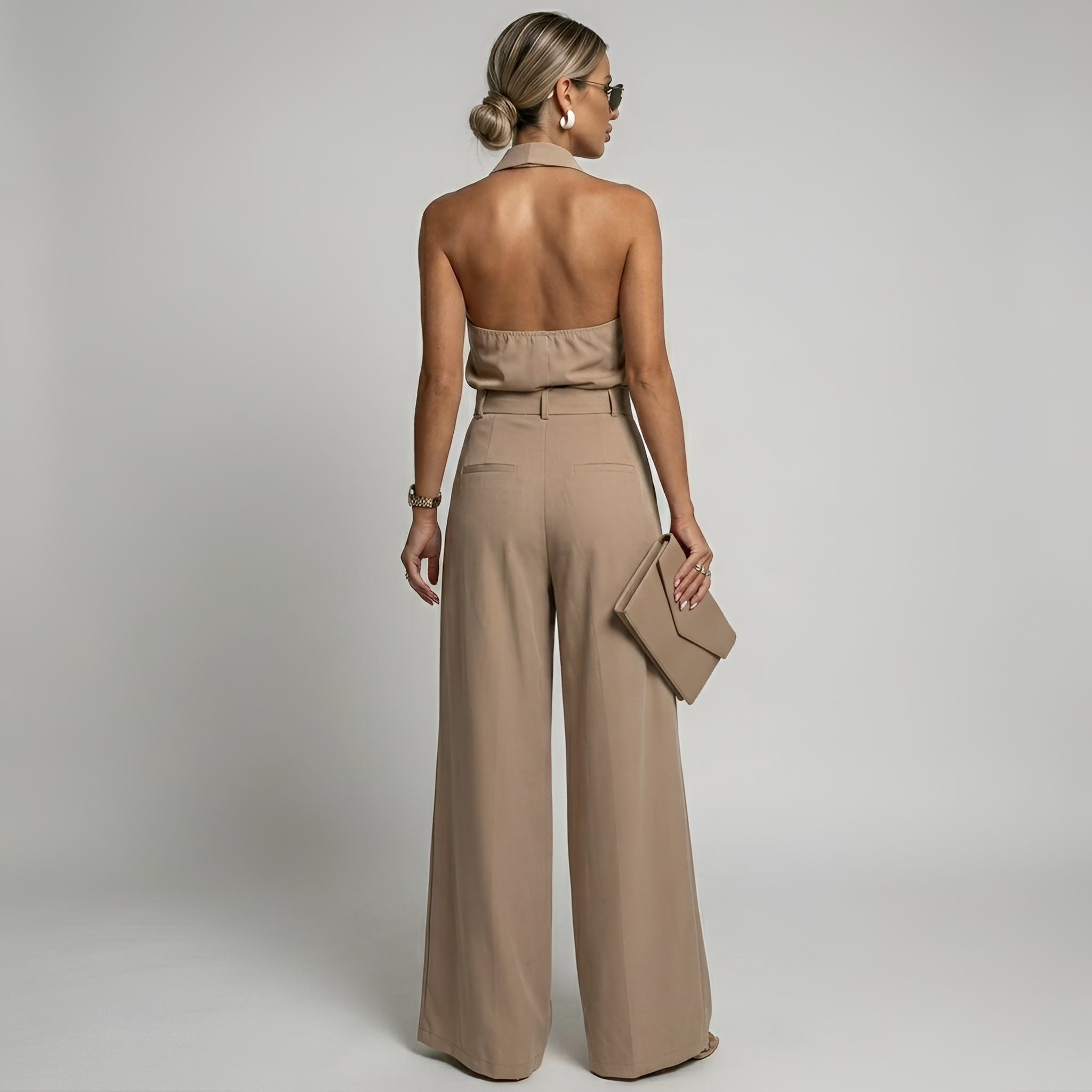 Women's Dressy Wide Leg Jumpsuit With Halter Neck, Collared Twist Front And Belted Waist