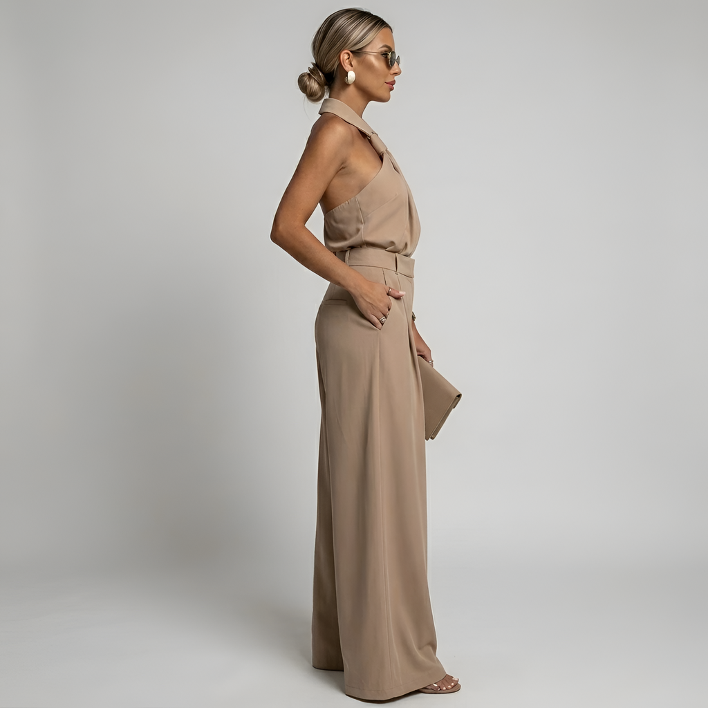 Women's Dressy Wide Leg Jumpsuit With Halter Neck, Collared Twist Front And Belted Waist