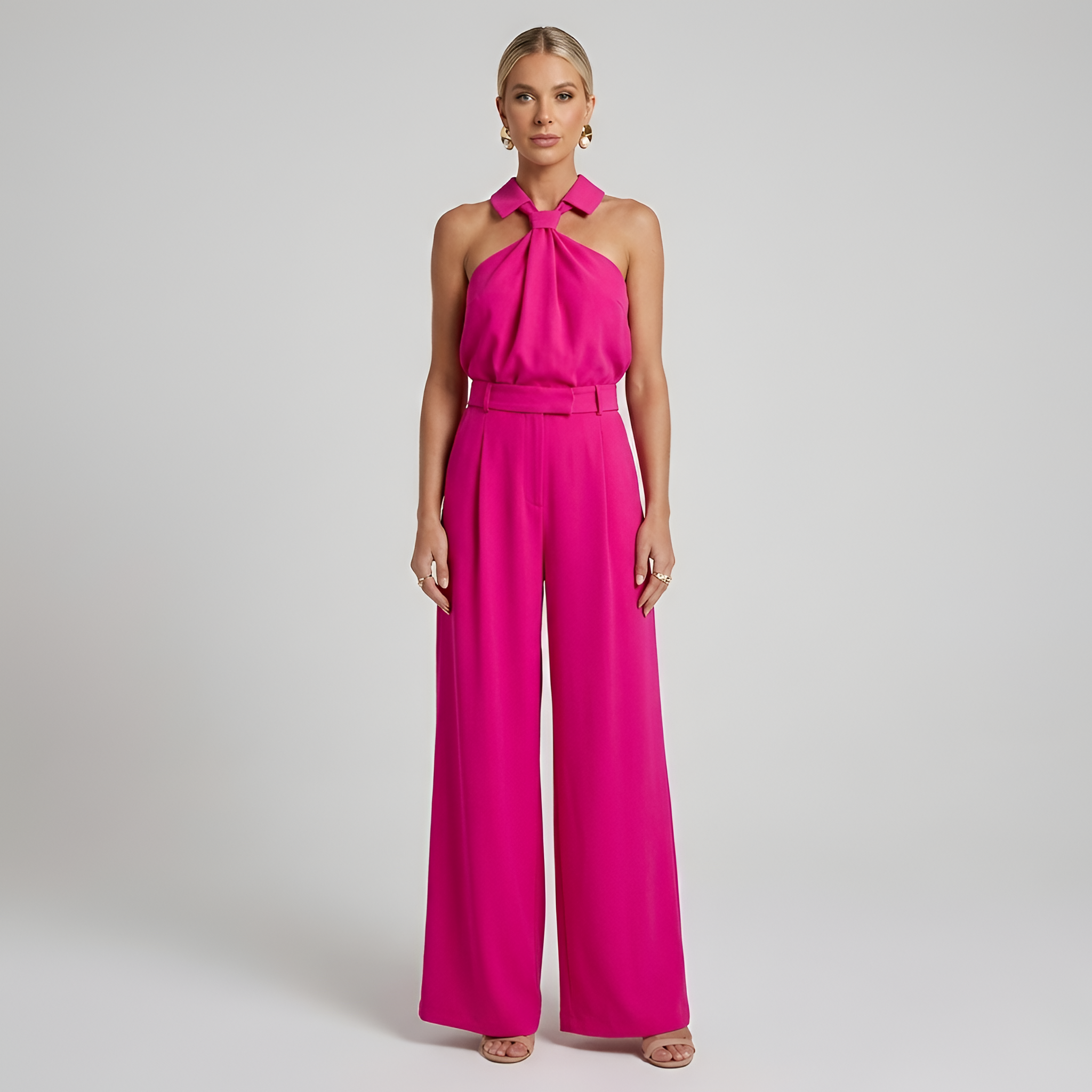 Women's Dressy Wide Leg Jumpsuit With Halter Neck, Collared Twist Front And Belted Waist