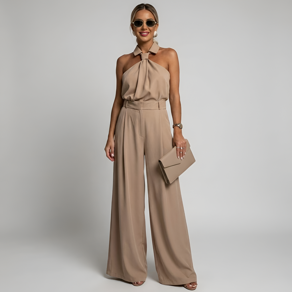 Women's Dressy Wide Leg Jumpsuit With Halter Neck, Collared Twist Front And Belted Waist