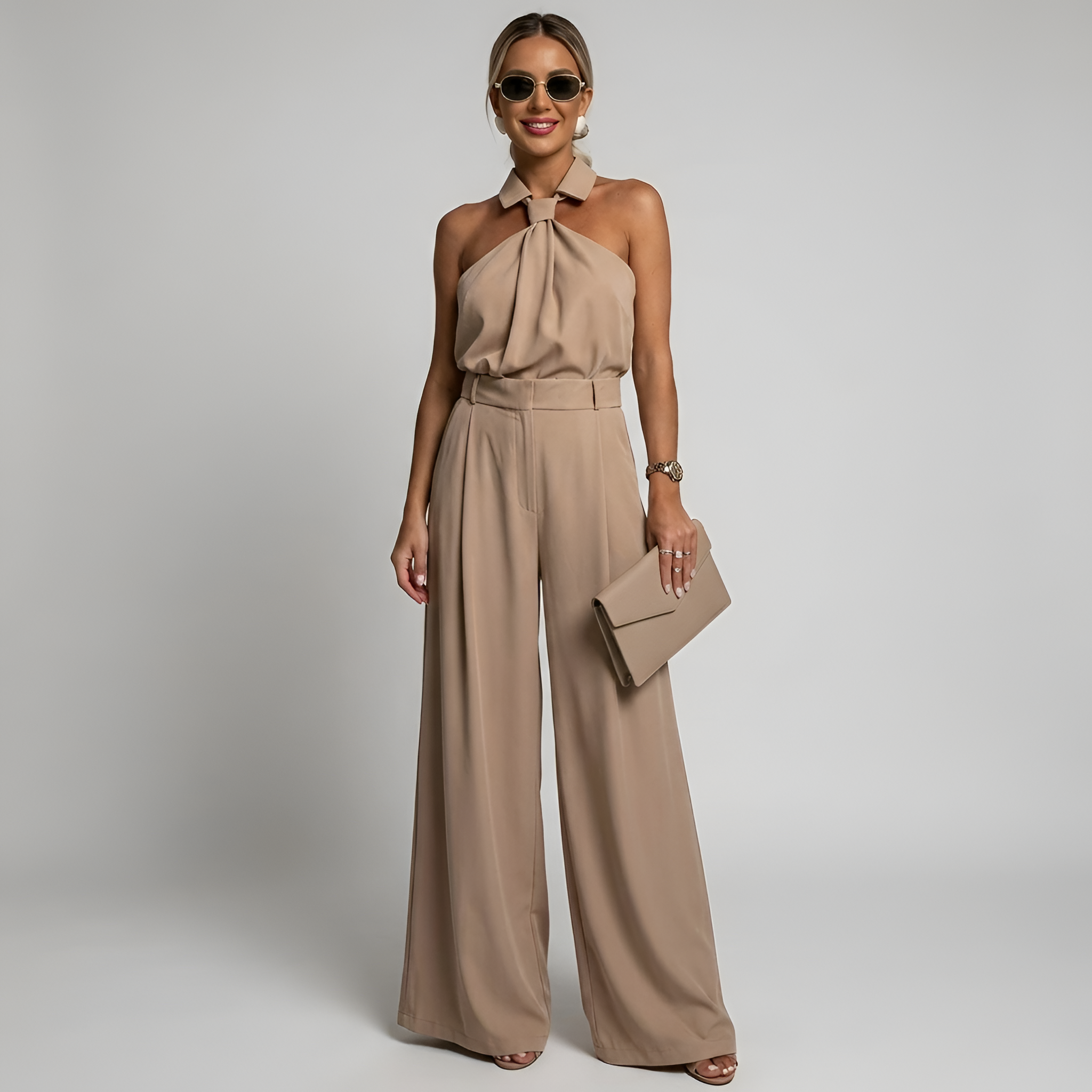 Women's Dressy Wide Leg Jumpsuit With Halter Neck, Collared Twist Front And Belted Waist
