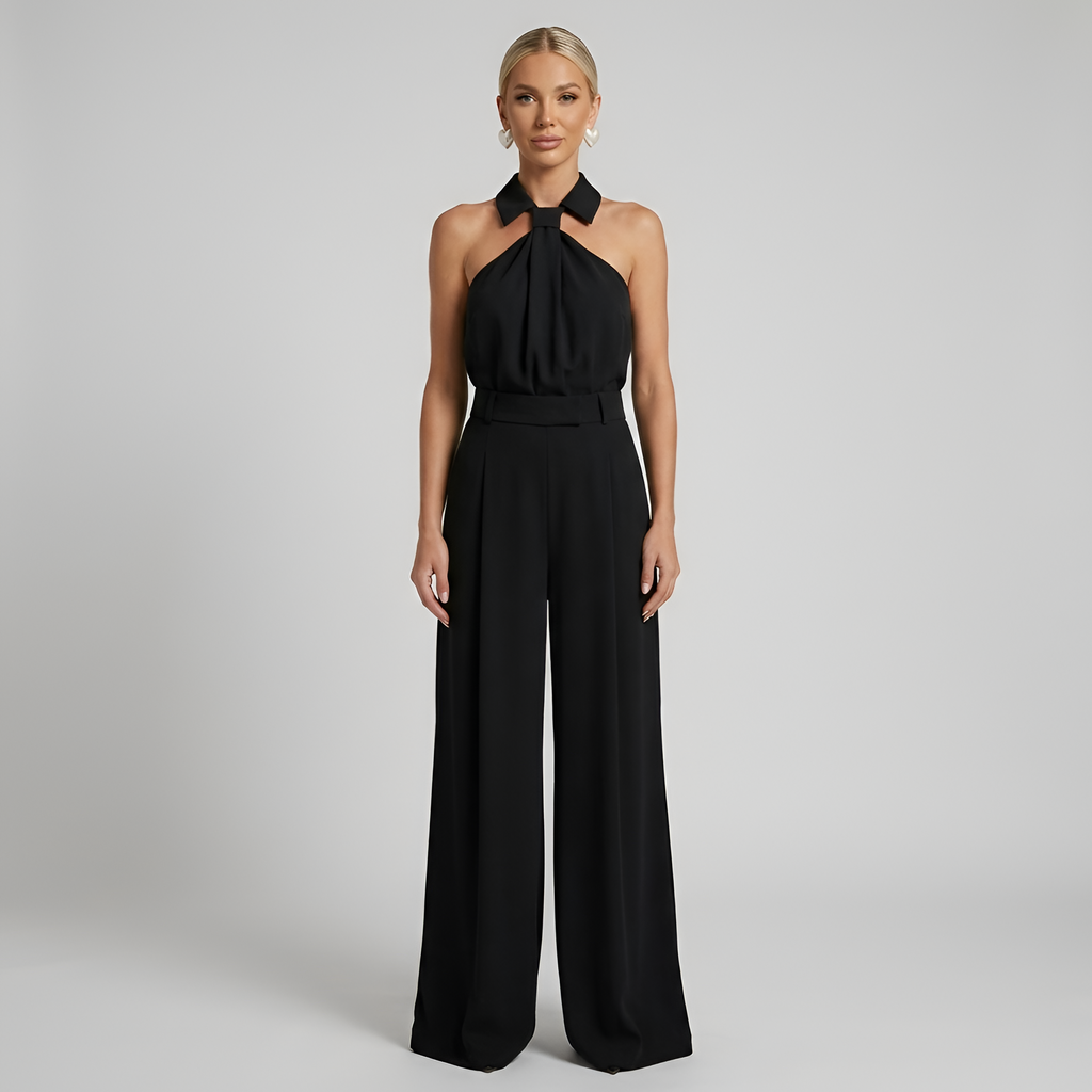 Women's Dressy Wide Leg Jumpsuit With Halter Neck, Collared Twist Front And Belted Waist