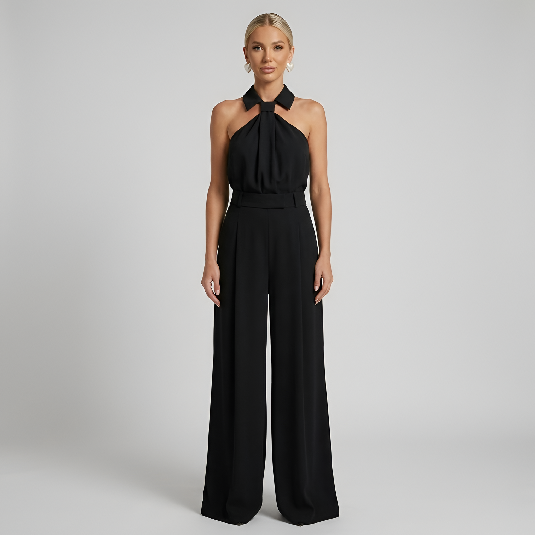 Women's Dressy Wide Leg Jumpsuit With Halter Neck, Collared Twist Front And Belted Waist